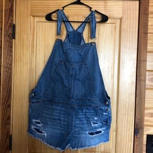 American Eagle Distressed Dinem Overall Shorts